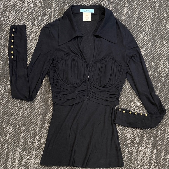 Marciano Tops - Marciano Black Ruched Blouse with Gold Buttons